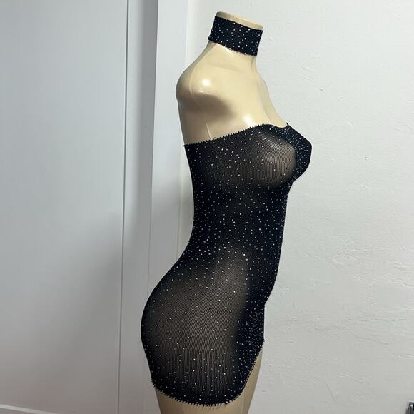 HOT! Intimates! Rhinestones Mesh Sheer Black Mesh Dress w Choker OS - Picture 5 of 7